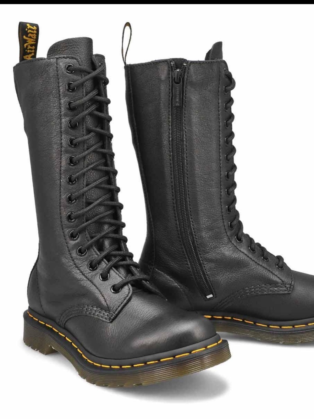 Dr. Martens Black Leather Tall Lace-Up Zip Combat Boot with Yellow Stitching